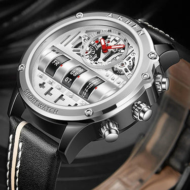 Stylish Quartz Men's Watch with Unique Rotating Date and Leather Strap - Military - Inspired Casual Timepiece - Shark & Sapphire
